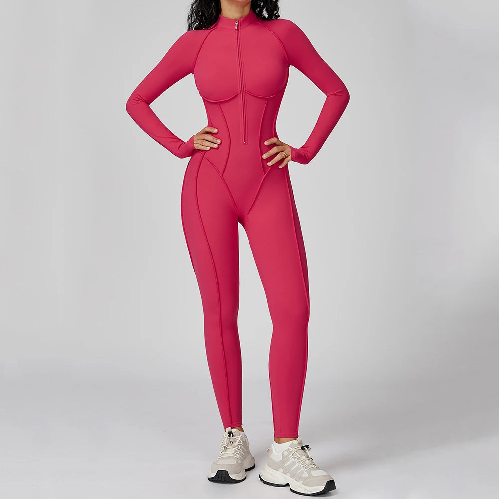 Yoga Bodysuit Long Sleeved Women's Tracksuits Gym Zipper Jumpsuits Sports Workout High-intensity Fitness One-piece Tights Suit